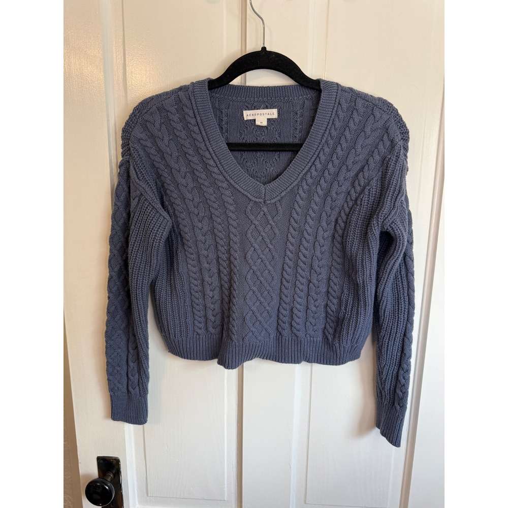Aeropostale Womens XS Blue Cable Knit V-Neck Cropped Sweater Pullover Cotton - Picture 1 of 4